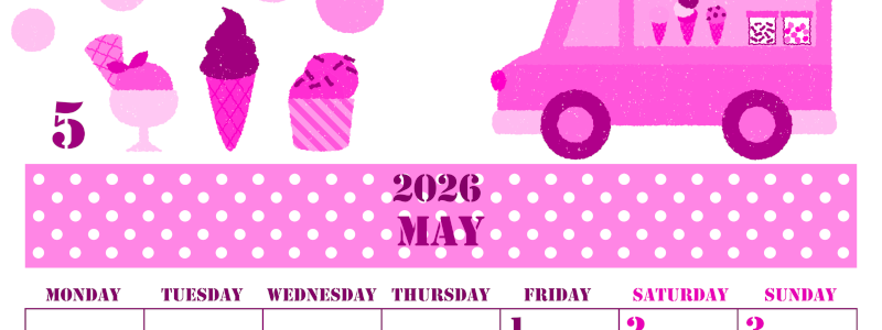 2026年5月縦型月曜始まり アイスクリームのイラストがかわいいA4無料ピンクのカレンダー(2026-00790511)