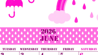 2026年6月縦型月曜始まり 虹イラストのかわいいA4無料ピンクのカレンダー(2026-00790611)