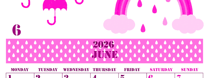 2026年6月縦型月曜始まり 虹イラストのかわいいA4無料ピンクのカレンダー(2026-00790611)
