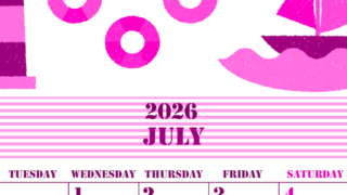 2026年7月縦型月曜始まり マリンなイラストのかわいいA4無料ピンクのカレンダー(2026-00790711)