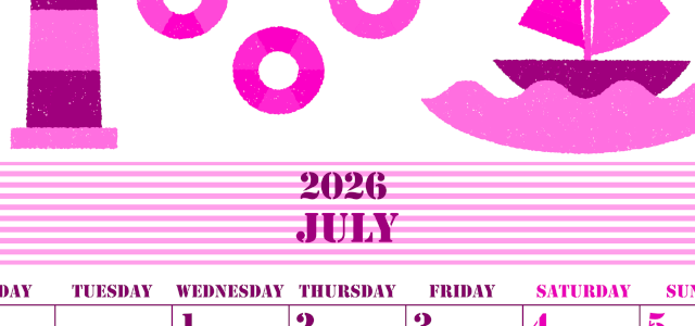 2026年7月縦型月曜始まり マリンなイラストのかわいいA4無料ピンクのカレンダー(2026-00790711)