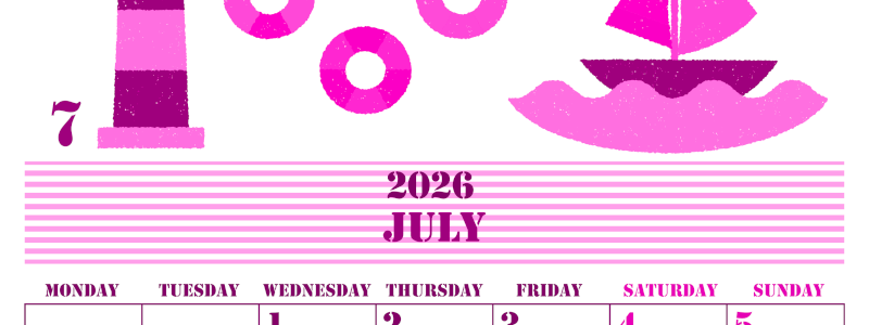 2026年7月縦型月曜始まり マリンなイラストのかわいいA4無料ピンクのカレンダー(2026-00790711)