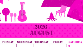 2026年8月縦型月曜始まり 夏休みイラストのかわいいA4無料ピンクのカレンダー(2026-00790811)