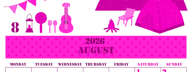 2026年8月縦型月曜始まり 夏休みイラストのかわいいA4無料ピンクのカレンダー(2026-00790811)