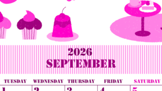 2026年9月縦型月曜始まり 食欲の秋イラストのかわいいA4無料ピンクのカレンダー(2026-00790911)