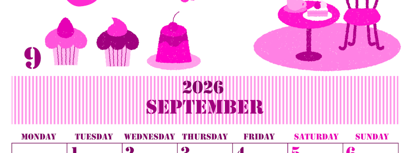 2026年9月縦型月曜始まり 食欲の秋イラストのかわいいA4無料ピンクのカレンダー(2026-00790911)