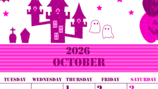 2026年10月縦型月曜始まり ハロウィンイラストがかわいいA4無料ピンクのカレンダー(2026-00791011)