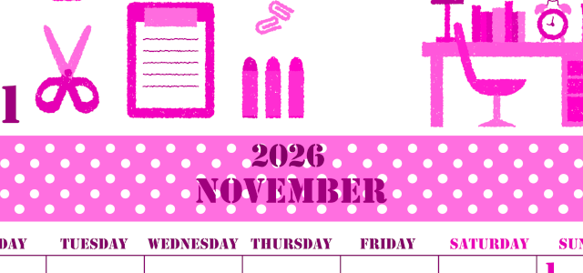 2026年11月縦型月曜始まり 文房具イラストのかわいいA4無料ピンクのカレンダー(2026-00791111)