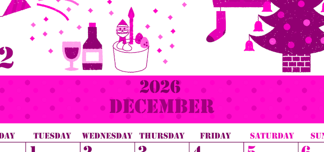 2026年12月縦型月曜始まり パーティーのイラストがかわいいA4無料ピンクのカレンダー(2026-00791211)