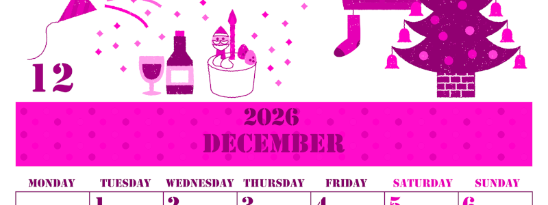 2026年12月縦型月曜始まり パーティーのイラストがかわいいA4無料ピンクのカレンダー(2026-00791211)