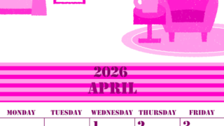 2026年4月縦型日曜始まり 新生活イラストのかわいいA4無料ピンクのカレンダー(2026-00790410)