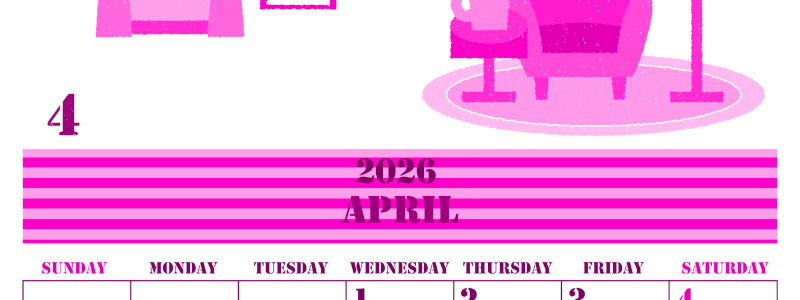2026年4月縦型日曜始まり 新生活イラストのかわいいA4無料ピンクのカレンダー(2026-00790410)