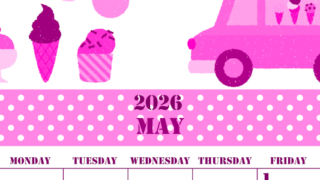2026年5月縦型日曜始まり アイスクリームのイラストがかわいいA4無料ピンクのカレンダー(2026-00790510)