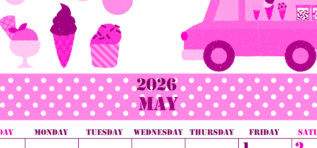 2026年5月縦型日曜始まり アイスクリームのイラストがかわいいA4無料ピンクのカレンダー(2026-00790510)