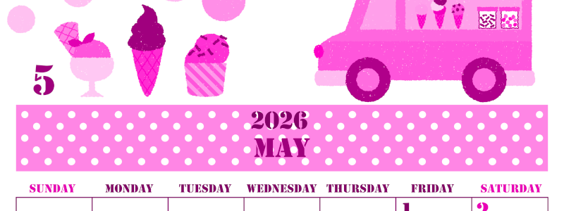 2026年5月縦型日曜始まり アイスクリームのイラストがかわいいA4無料ピンクのカレンダー(2026-00790510)