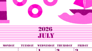 2026年7月縦型日曜始まり マリンなイラストのかわいいA4無料ピンクのカレンダー(2026-00790710)