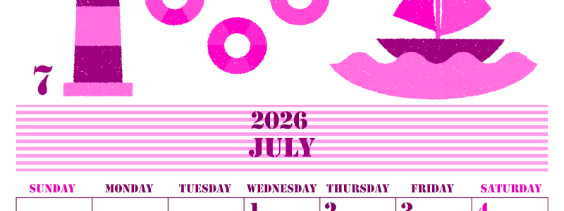 2026年7月縦型日曜始まり マリンなイラストのかわいいA4無料ピンクのカレンダー(2026-00790710)