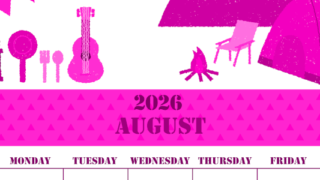 2026年8月縦型日曜始まり 夏休みイラストのかわいいA4無料ピンクのカレンダー(2026-00790810)