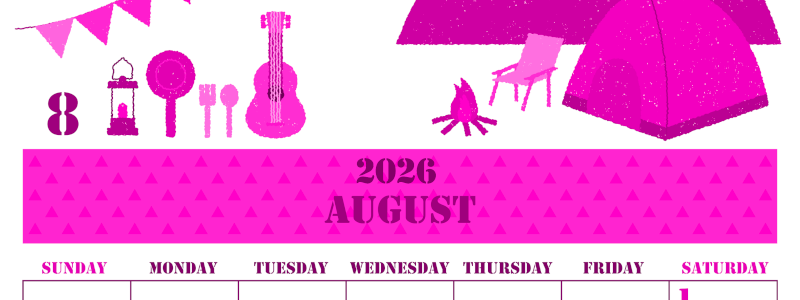 2026年8月縦型日曜始まり 夏休みイラストのかわいいA4無料ピンクのカレンダー(2026-00790810)