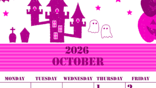 2026年10月縦型日曜始まり ハロウィンイラストがかわいいA4無料ピンクのカレンダー(2026-00791010)