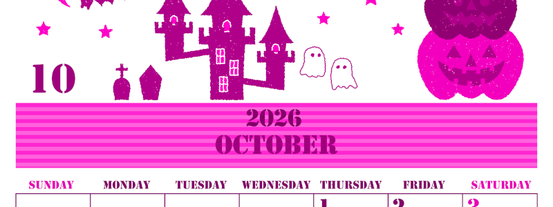 2026年10月縦型日曜始まり ハロウィンイラストがかわいいA4無料ピンクのカレンダー(2026-00791010)