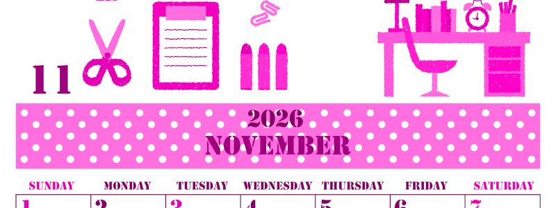 2026年11月縦型日曜始まり 文房具イラストのかわいいA4無料ピンクのカレンダー(2026-00791110)