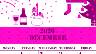 2026年12月縦型日曜始まり パーティーのイラストがかわいいA4無料ピンクのカレンダー(2026-00791210)