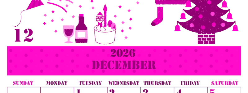 2026年12月縦型日曜始まり パーティーのイラストがかわいいA4無料ピンクのカレンダー(2026-00791210)