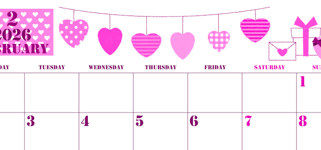 2026年2月横型月曜始まり ラブレターイラストのかわいいA4無料ピンクのカレンダー(2026-00790201)