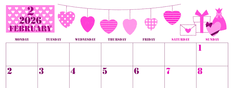 2026年2月横型月曜始まり ラブレターイラストのかわいいA4無料ピンクのカレンダー(2026-00790201)