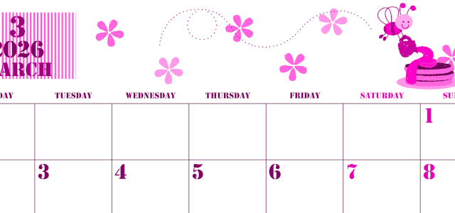 2026年3月横型月曜始まり パンケーキイラストのかわいいA4無料ピンクのカレンダー(2026-00790301)