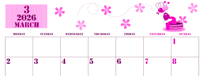 2026年3月横型月曜始まり パンケーキイラストのかわいいA4無料ピンクのカレンダー(2026-00790301)