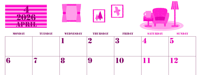2026年4月横型月曜始まり 新生活イラストのかわいいA4無料ピンクのカレンダー(2026-00790401)