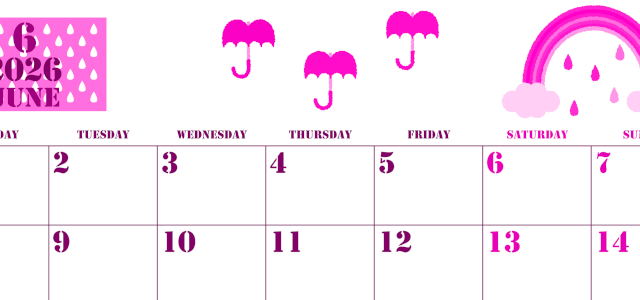 2026年6月横型月曜始まり 虹イラストのかわいいA4無料ピンクのカレンダー(2026-00790601)