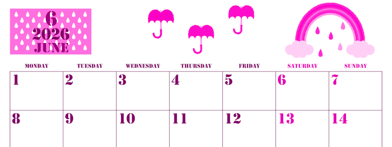 2026年6月横型月曜始まり 虹イラストのかわいいA4無料ピンクのカレンダー(2026-00790601)