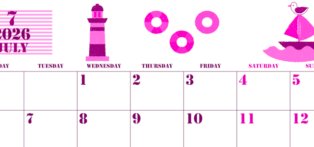 2026年7月横型月曜始まり マリンなイラストのかわいいA4無料ピンクのカレンダー(2026-00790701)