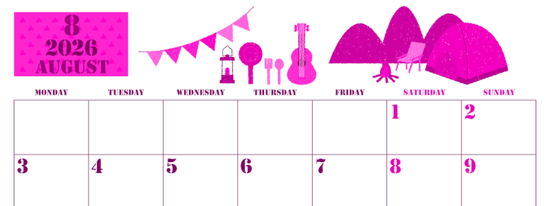 2026年8月横型月曜始まり 夏休みイラストのかわいいA4無料ピンクのカレンダー(2026-00790801)