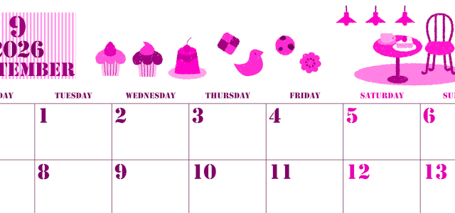 2026年9月横型月曜始まり 食欲の秋イラストのかわいいA4無料ピンクのカレンダー(2026-00790901)