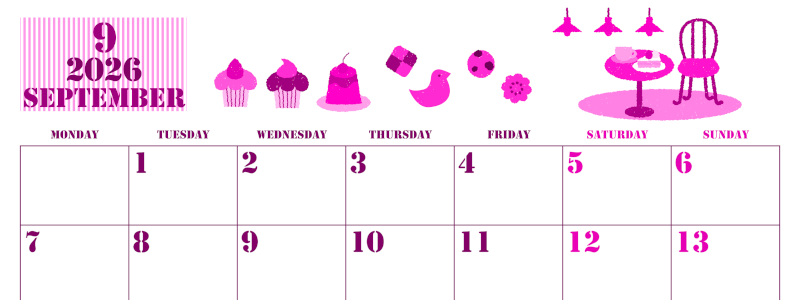 2026年9月横型月曜始まり 食欲の秋イラストのかわいいA4無料ピンクのカレンダー(2026-00790901)