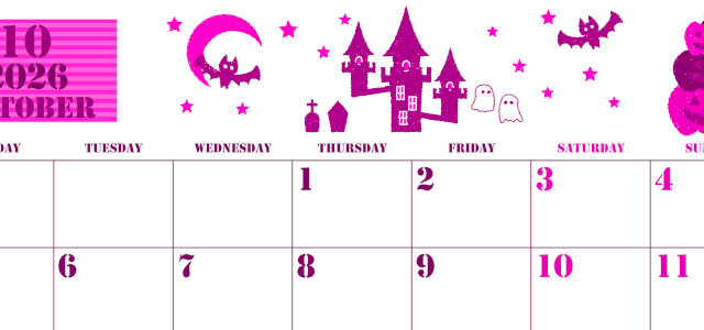 2026年10月横型月曜始まり ハロウィンイラストがかわいいA4無料ピンクのカレンダー(2026-00791001)