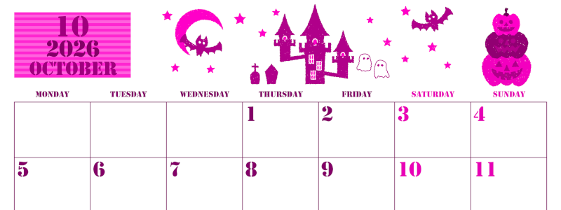2026年10月横型月曜始まり ハロウィンイラストがかわいいA4無料ピンクのカレンダー(2026-00791001)