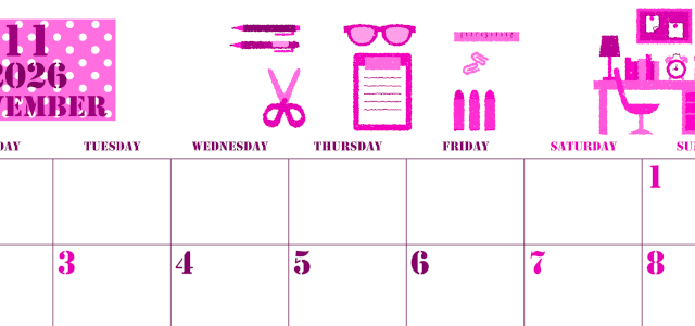 2026年11月横型月曜始まり 文房具イラストのかわいいA4無料ピンクのカレンダー(2026-00791101)