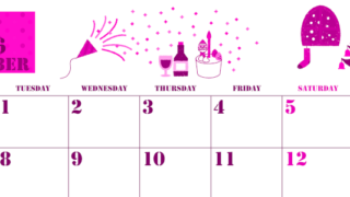 2026年12月横型月曜始まり パーティーのイラストがかわいいA4無料ピンクのカレンダー(2026-00791201)