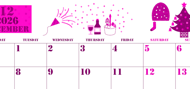 2026年12月横型月曜始まり パーティーのイラストがかわいいA4無料ピンクのカレンダー(2026-00791201)