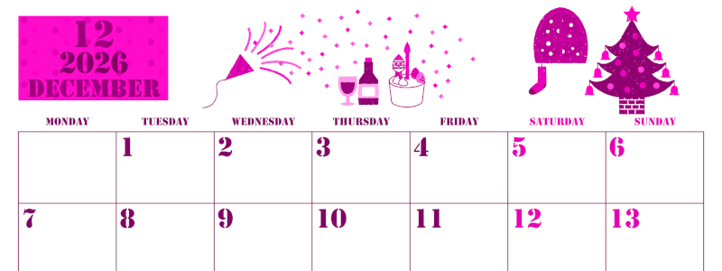 2026年12月横型月曜始まり パーティーのイラストがかわいいA4無料ピンクのカレンダー(2026-00791201)