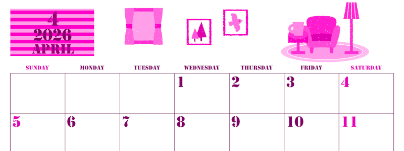 2026年4月横型日曜始まり 新生活イラストのかわいいA4無料ピンクのカレンダー(2026-00790400)