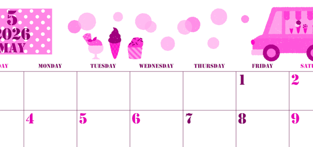 2026年5月横型日曜始まり アイスクリームのイラストがかわいいA4無料ピンクのカレンダー(2026-00790500)