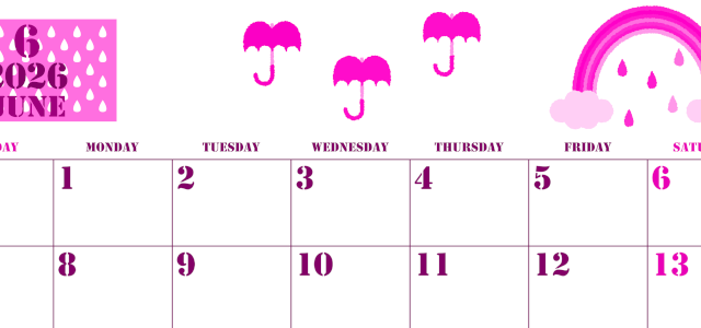 2026年6月横型日曜始まり 虹イラストのかわいいA4無料ピンクのカレンダー(2026-00790600)