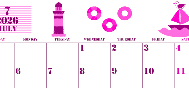 2026年7月横型日曜始まり マリンなイラストのかわいいA4無料ピンクのカレンダー(2026-00790700)