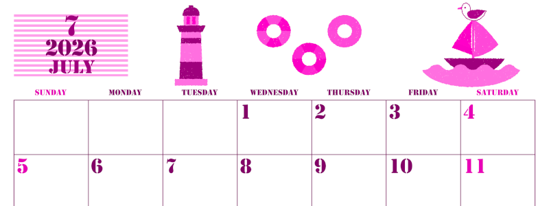 2026年7月横型日曜始まり マリンなイラストのかわいいA4無料ピンクのカレンダー(2026-00790700)